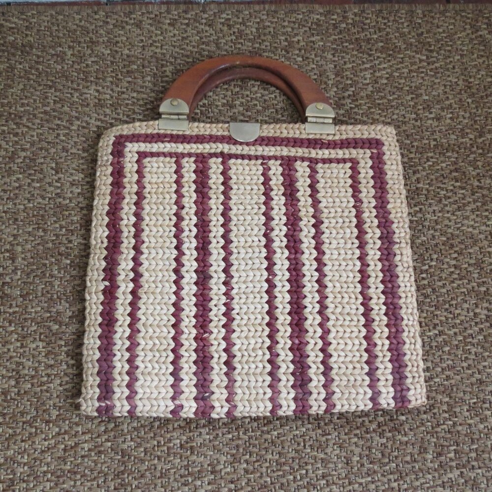 Woven Vintage Handbag Purse Lined zip pocket Straw Jute? Long, slender